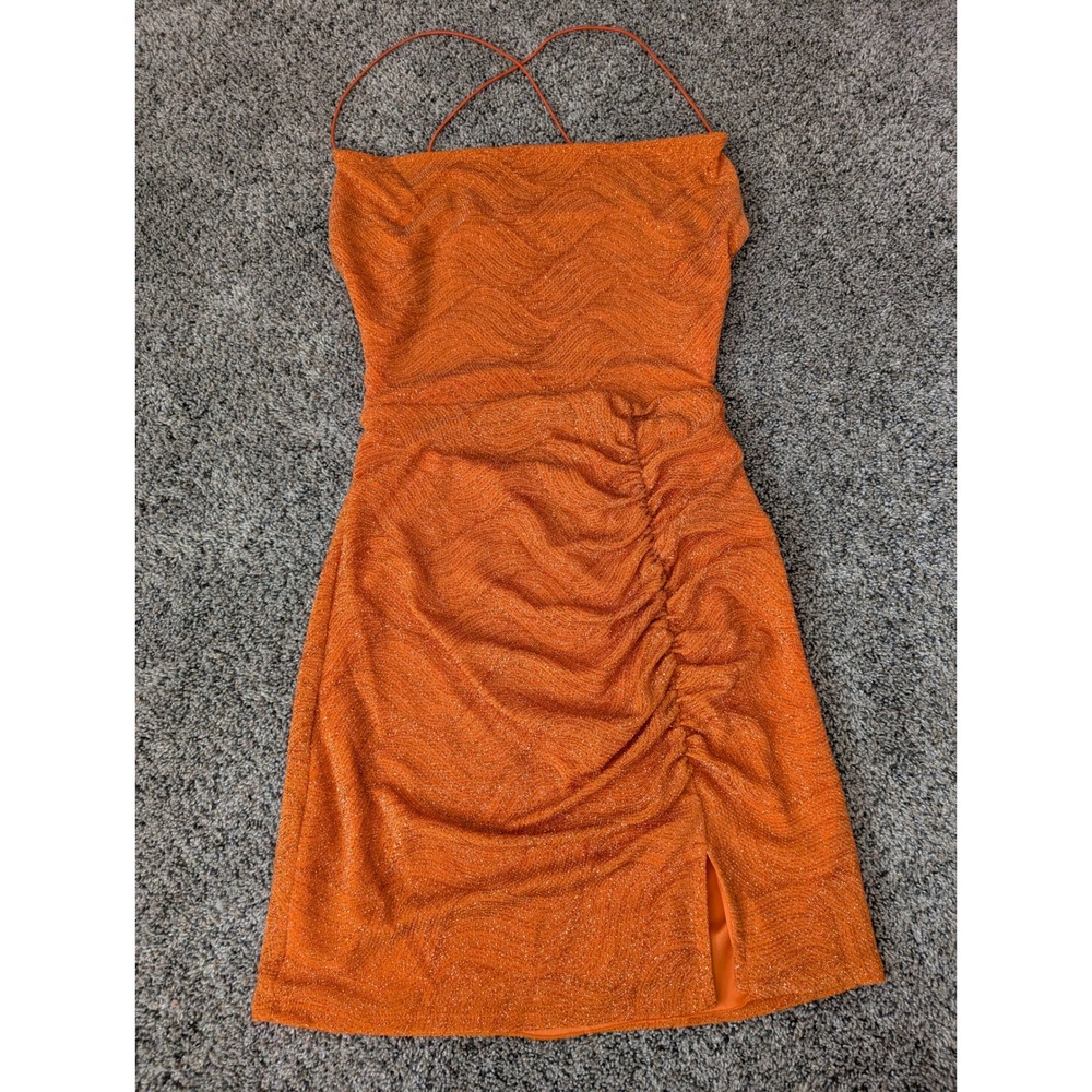 Windsor‎ Orange Metallic Wave Ruched Mini Dress Open Back Cowl Neck W5DHW715E M